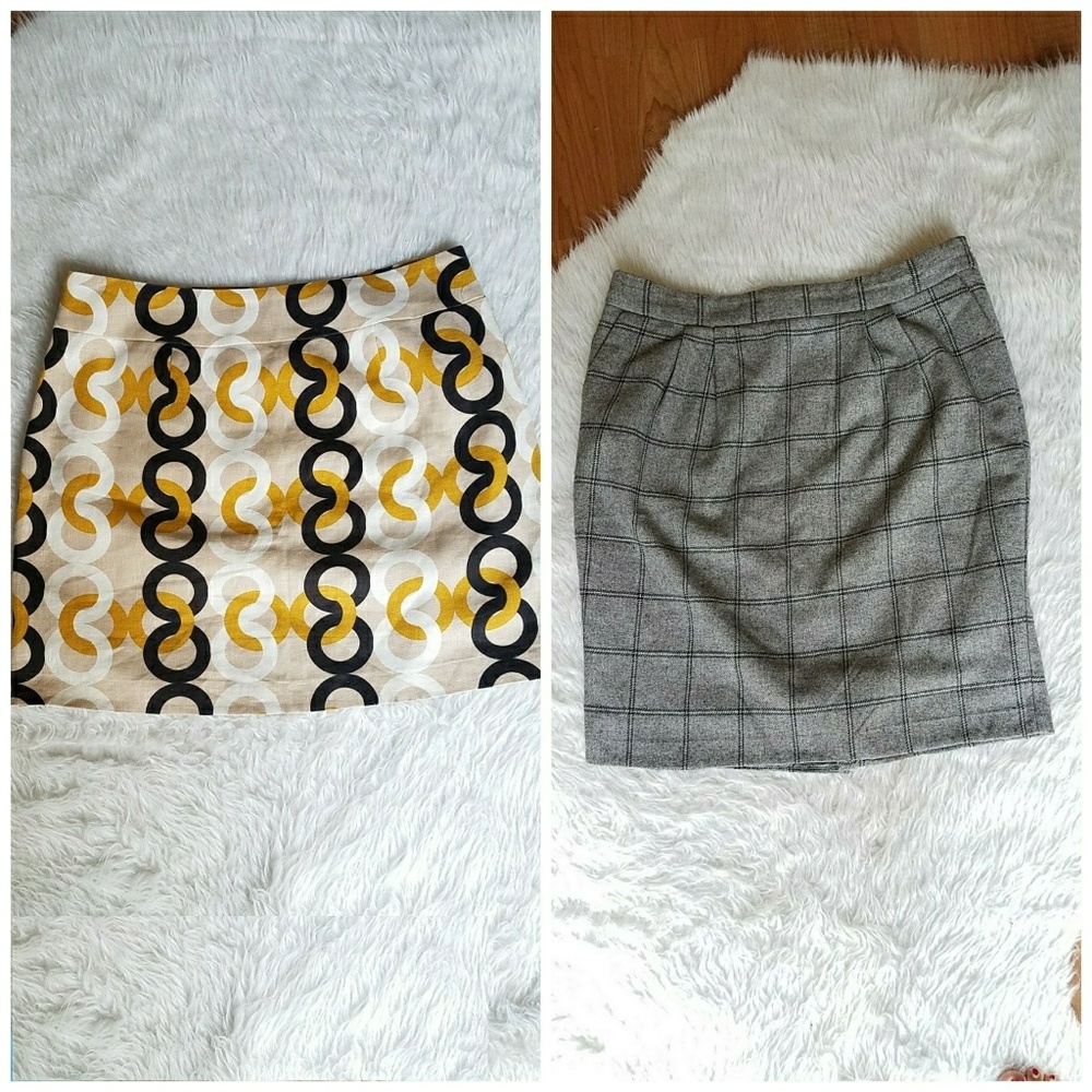 Lot of 2 skirts. J crew yellow, circle patterns, L